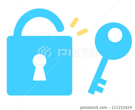 Simple light blue open padlock and key mark 111252824
