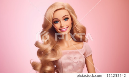 AI-generated content. Portrait of smiling blonde doll in pink dress on pink background. 111253342