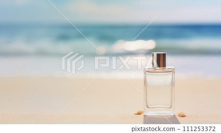 AI-generated content. Transparent white glass perfume bottle mockup with sandy beach and ocean waves on background. Eau de toilette. Mockup, spring flat lay. 111253372