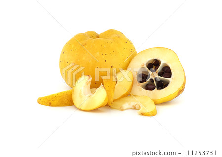 Vibrant quince fruits, both sliced and whole on white Vibrant quince fruits, both sliced and whole on white 111253731