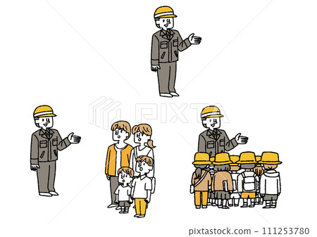 Illustration about a field trip with a man at a construction or factory site giving an explanation and families and children listening to the explanation Illustration about a field trip with a man at a construction or factory site giving an explanation and families and children listening to the explanation 111253780