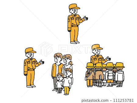 Illustration about a field trip with a male firefighter giving an explanation and families and children listening to the explanation Illustration about a field trip with a male firefighter giving an explanation and families and children listening to the explanation 111253781