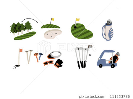 Hand drawn illustration set about golf equipment and golf courses 111253786