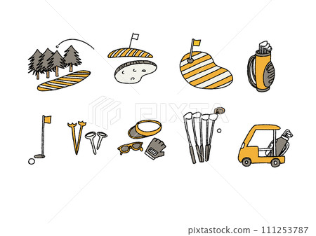 關於高爾夫設備和高爾夫球場的手繪插圖集 111253787