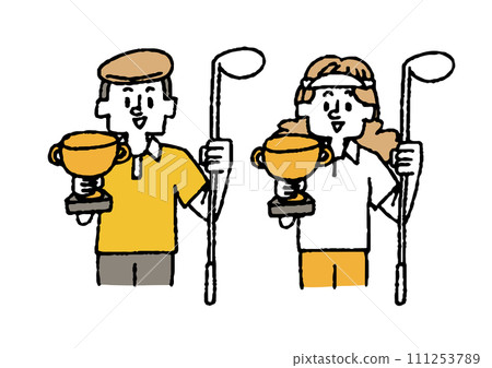 A set of male and female golfers holding a championship cup in their hands 111253789