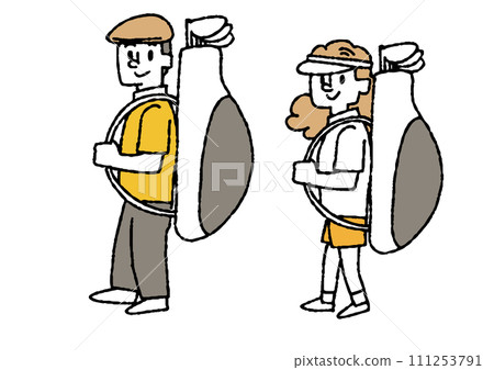 Illustration set of men and women carrying golf bags 111253791
