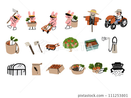 Handwritten illustration set about farmers, agriculture, and crops Handwritten illustration set about farmers, agriculture, and crops 111253801