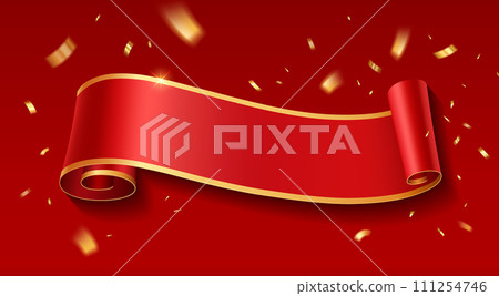 Red Ribbon banner, Small pieces of gold ribbon flying, horizontal curve realistic on red background 111254746