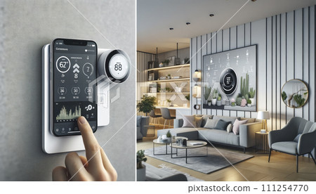 AI-generated content. Smart Home Technology Interface on Phone and Wall 111254770