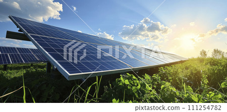 AI-generated content. Solar Panels in Lush Green Field 111254782