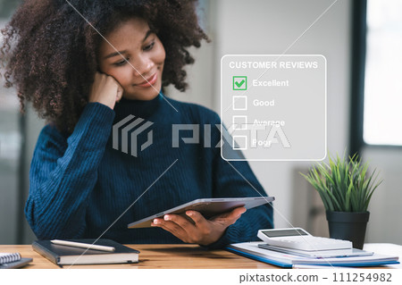 African American customer providing excellent satisfaction ratings. Customer review satisfaction feedback survey concept. African American customer providing excellent satisfaction ratings. Customer review satisfaction feedback survey concept. 111254982
