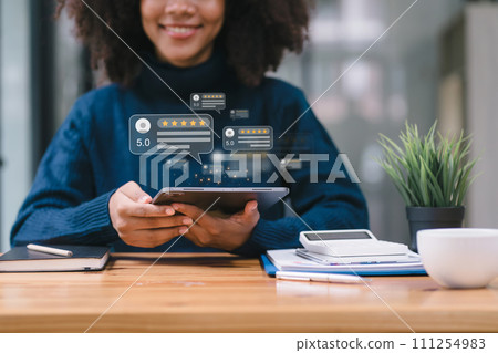 African American customer providing five satisfaction ratings. Customer service evaluation concept. African American customer providing five satisfaction ratings. Customer service evaluation concept. 111254983