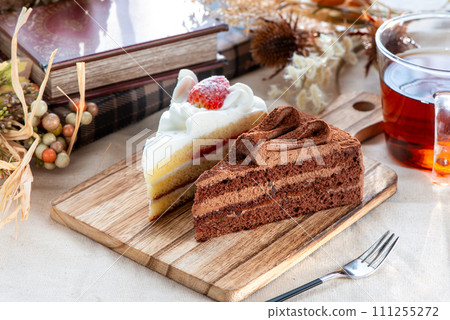 Chocolate cake and strawberry shortcake 111255272