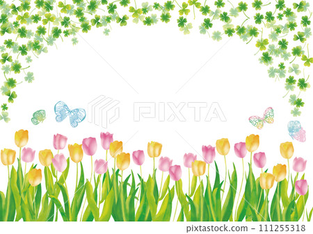 水彩風格的粉紅色和黃色鬱金香、三葉草和蝴蝶框架 111255318