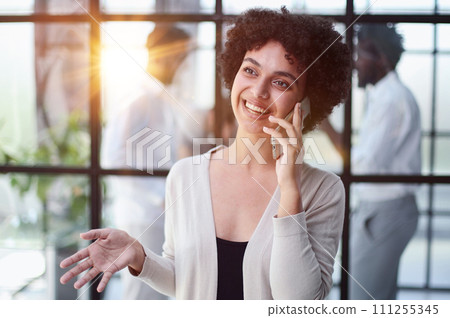Businesswoman with phone in modern office Businesswoman with phone in modern office 111255345