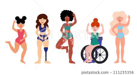 Body positive concept. Women of different ages, skin colors, ethnic groups, body types. Disability, vitiligo, prosthesis. Girls in swimsuits standing together. Cartoon flat vector illustration. Body positive concept. Women of different ages, skin colors, ethnic groups, body types. Disability, vitiligo, prosthesis. Girls in swimsuits standing together. Cartoon flat vector illustration. 111255356