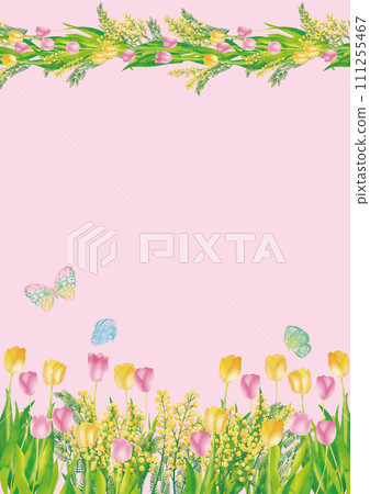水彩風格的粉紅色和黃色鬱金香、三葉草和蝴蝶框架垂直 111255467