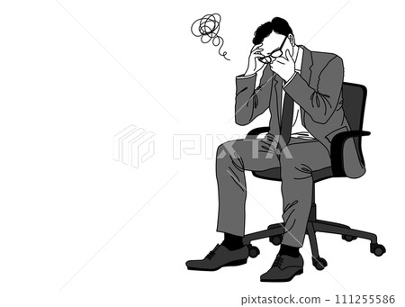 Illustration of an office worker sitting on a chair with his chin resting in thought 111255586