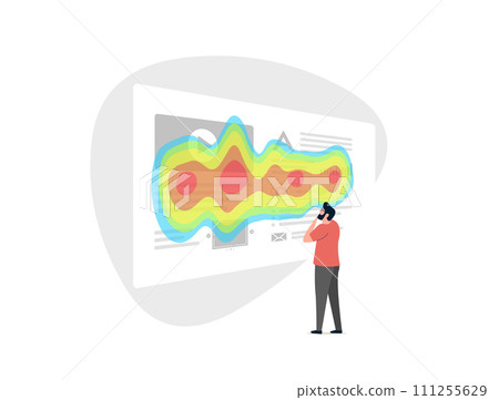 Enhance website performance with heatmap SEO analytics. Track user behavior through mouse and eye tracking on desktop and mobile devices. Flat Vector illustration isolated on white background Enhance website performance with heatmap SEO analytics. Track user behavior through mouse and eye tracking on desktop and mobile devices. Flat Vector illustration isolated on white background 111255629