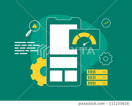 Mobile Website Performance Optimization. Boost SEO with faster loading times. Smartphone browser with speedometer, enhancing user experience and search engine rankings. Vector illustration with icons Mobile Website Performance Optimization. Boost SEO with faster loading times. Smartphone browser with speedometer, enhancing user experience and search engine rankings. Vector illustration with icons 111255638
