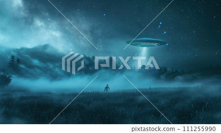 Aliens lands on a starry night from UFO high above the ground in cloudy weather from infinite universe with many clouds. Universe fantasy astronomy space background wallpaper 111255990