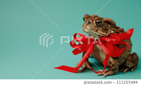 Advertising portrait, banner, big toad with bow sits on a surface, isolated on blue background 111255994