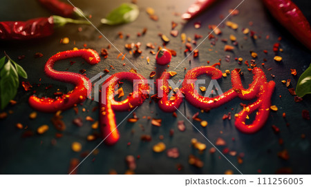 Spicy title text food lettering from grilled sousages on the black stone table with herbs, and greens around 111256005
