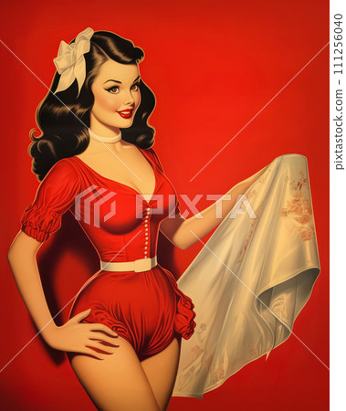 Retro 1950's pin up style advertising shot postcard of girl, woman showing red underwear with shawl in hand on red background Retro 1950's pin up style advertising shot postcard of girl, woman showing red underwear with shawl in hand on red background 111256040