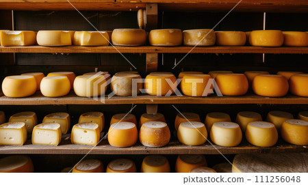 Wooden shelf filled with cheese heads of different cheese, cheddar, mozzarella, gouda, roquefort, brie on a wooden table. Play of light and shadow 111256048