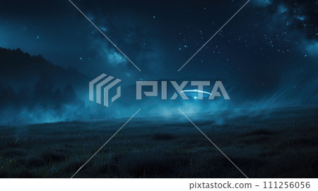 Futuristic UFO lands on a field during starry mysterious night in infinite universe with many clouds. Universe fantasy astronomy space background wallpaper Futuristic UFO lands on a field during starry mysterious night in infinite universe with many clouds. Universe fantasy astronomy space background wallpaper 111256056