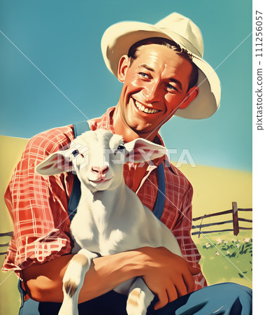 Retro 1950s vintage postcard of smiling elderly man farmer in white hat petting a sheep with blue sky and clowds on background Retro 1950s vintage postcard of smiling elderly man farmer in white hat petting a sheep with blue sky and clowds on background 111256057