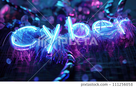 Cyber title text word made from fiber components, printed on motherboard with much light and electric signals around Cyber title text word made from fiber components, printed on motherboard with much light and electric signals around 111256058