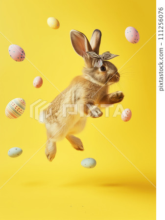 Funny fluffy easter rabbit with yellow bow jumping around colored decorated easter eggs on neutral yellow background 111256076