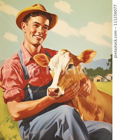 Retro 1950's vintage postcard of male farmer in farmer dress and a hat petting a cow in the meadow Retro 1950's vintage postcard of male farmer in farmer dress and a hat petting a cow in the meadow 111256077