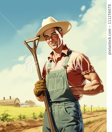 Retro 1950's vintage postcard of male farmer in farmer dress and white hat with shovel in his hands Retro 1950's vintage postcard of male farmer in farmer dress and white hat with shovel in his hands 111256078