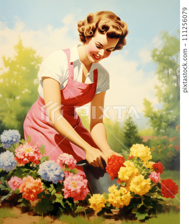 Minimalistic retro 1950's postcard of housewife woman smiling in pink dress and brown hair planting flowers in the garden with cloudy sky at the background 111256079