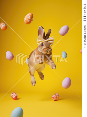 Funny easter rabbit with yellow bow jumping around colored decorated easter eggs on neutral yellow background 111256103