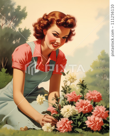Minimalistic retro 1950's postcard of housewife woman smiling working in the garden and planting flowers in the garden with cloudy sky at the background 111256110