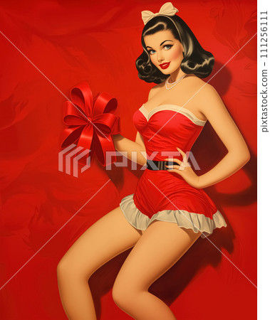 Retro 1960's pin up style advertising shot postcard of girl, woman in red clothes with gift in hand and red background 111256111