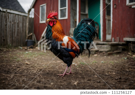 AI-generated content. Rooster on yard in countryside 111256127