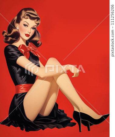 Retro 1960's pin up style advertising shot postcard of girl, woman in black dress and red background 111256206