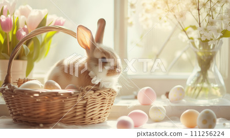 Poscard of cute easter rabbit with bow sits in a basket with decorated easter eggs under the window Poscard of cute easter rabbit with bow sits in a basket with decorated easter eggs under the window 111256224