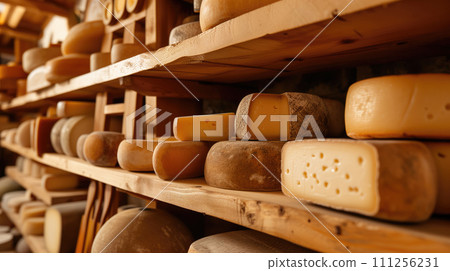 Lifestyle shot of wooden shelf filled with different kind of cheese heads, cheddar, mozzarella, gouda, roquefort, brie on a wooden table. Play of light and shadow Lifestyle shot of wooden shelf filled with different kind of cheese heads, cheddar, mozzarella, gouda, roquefort, brie on a wooden table. Play of light and shadow 111256231
