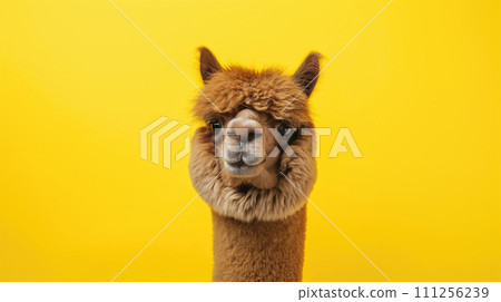 Advertising portrait, banner, cheerfu brownl alpaca with trimmed hair, looks straight, isolated on yellow background 111256239