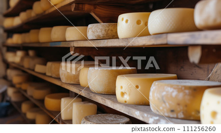 Wooden shelf filled with different kind of cheese heads, cheddar, mozzarella, gouda, roquefort, brie on a wooden table. Play of light and shadow 111256260