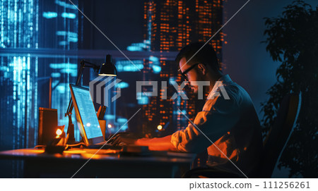 A guy programmer working with computer at his desk under lamp light in cyber space glow in front of the window and city landscape in blue yellow colors 111256261