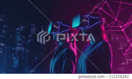 Two girl wearing virtual reality simulator AR, VR glasses opposite the screens with the program code in purple and pink colors Two girl wearing virtual reality simulator AR, VR glasses opposite the screens with the program code in purple and pink colors 111256262