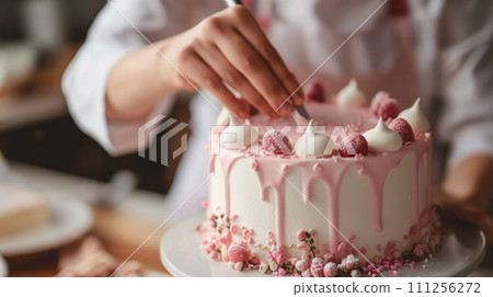 Pastry chef girl decorates cake with hands. A girl put topping sweet cake with strawberry and cream Pastry chef girl decorates cake with hands. A girl put topping sweet cake with strawberry and cream 111256272