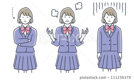 Reactions of female students wearing uniforms. Vector illustration material set 111256378