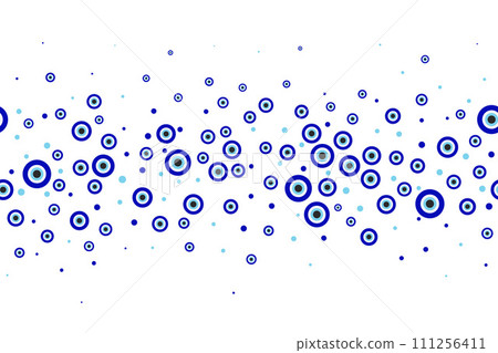 Evil eye blue Turkish symbol border. Magic nazar bead. Greece and Turkish amulet esoteric design for luck. Vector frame foe brochure and banner 111256411
